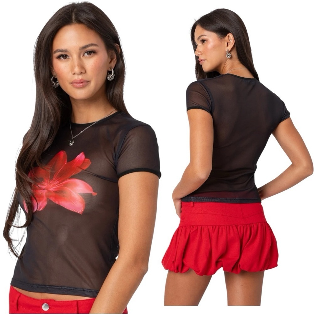 Edikted Black Sheer Top with Red Floral Accent